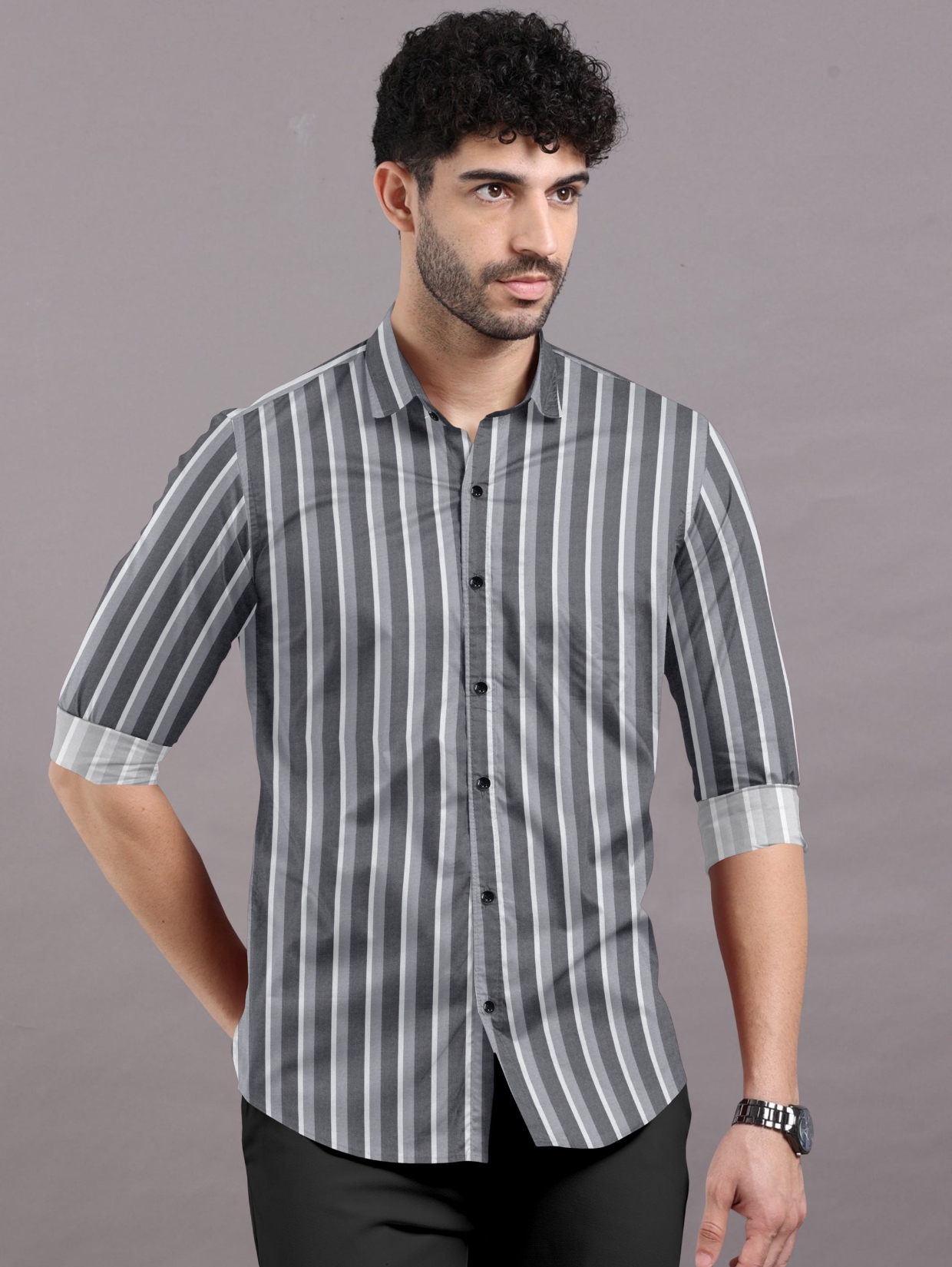 White & Grey & Dark Striped cotton Shirt        
